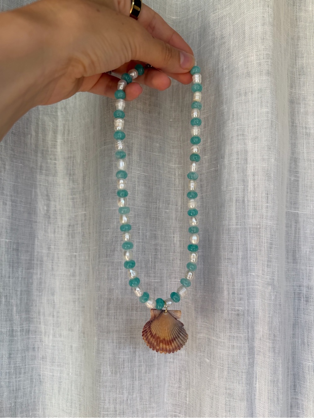 Saltwater pearl & glass beaded shell necklace